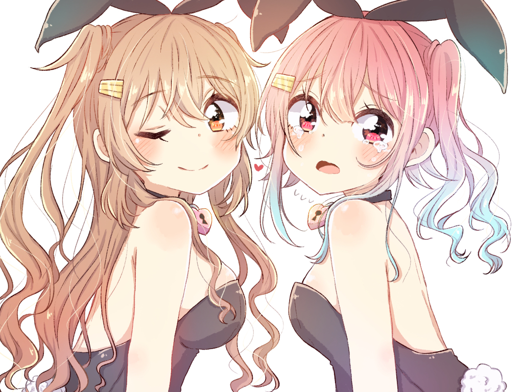 2girls alternate_hairstyle animal_ears black_leotard blue_hair breasts brown_eyes bunny_ears bunny_tail commentary_request duplicate gradient_hair harusame_(kantai_collection) heart_lock_(kantai_collection) kantai_collection leotard light_brown_hair long_hair looking_at_viewer medium_breasts multicolored_hair multiple_girls murasame_(kantai_collection) one_eye_closed pink_hair playboy_bunny red_eyes remodel_(kantai_collection) ren_kun side_ponytail simple_background small_breasts strapless strapless_leotard tail upper_body wavy_hair white_background