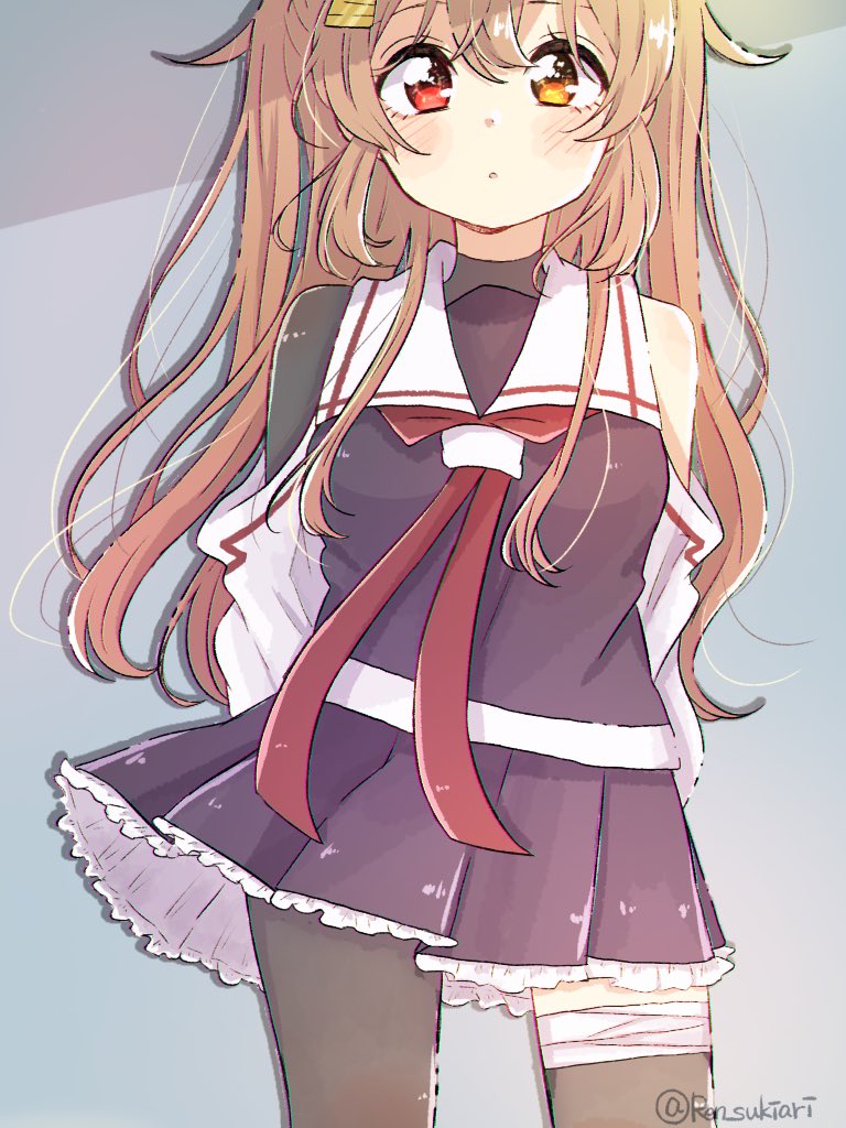 1girl asymmetrical_clothes bandages black_serafuku black_skirt brown_eyes commentary_request heterochromia kantai_collection light_brown_hair long_hair looking_at_viewer murasame_(kantai_collection) neckerchief pleated_skirt red_eyes red_neckwear remodel_(kantai_collection) ren_kun sailor_collar school_uniform serafuku skirt solo standing twintails twitter_username two_side_up white_sailor_collar