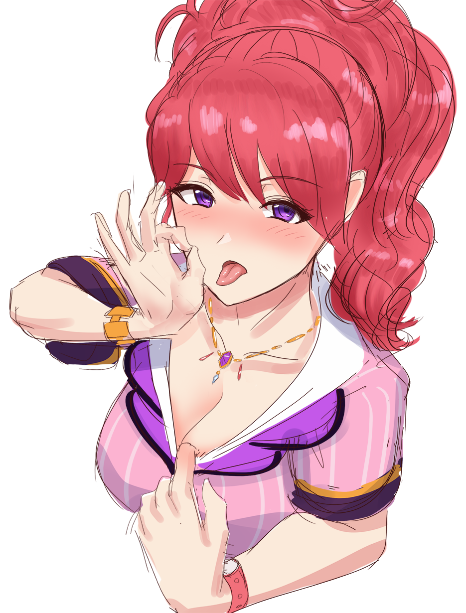 1girl aikatsu! aikatsu!_(series) blush breasts cleavage collarbone collared_shirt commentary cropped_torso darkside_ochinpo_burst fellatio_gesture highres jewelry kurebayashi_juri large_breasts long_hair looking_at_viewer looking_up naughty_face necklace nose_blush ok_sign open_mouth oral_invitation purple_eyes red_hair sexually_suggestive shirt short_sleeves simple_background sketch solo striped striped_shirt tongue tongue_out upper_body watch white_background wristwatch