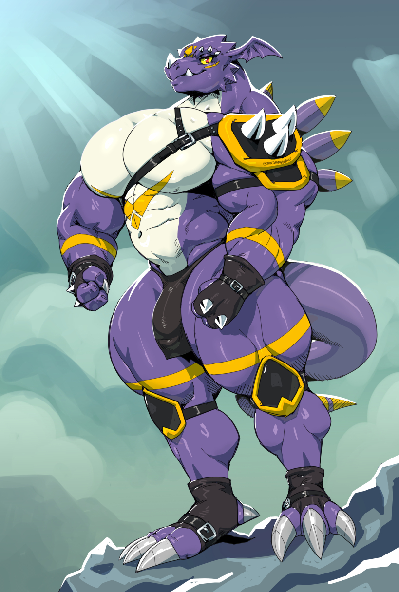 2021 2_fingers 3_toes abs anthro big_muscles big_pecs bottomwear bulge clothing digimon digimon_(species) dragoneer_(character) fak&eacute;mon fan_character feet fingerless_gloves fingers flaccid genital_outline genitals gloves handwear hi_res horn knee_pads loincloth male markings murasadramon muscular muscular_anthro muscular_male navel pecs penis penis_outline scalie shoulder_pads solo spikes standing straps sxfpantera thick_thighs toeless_footwear toes