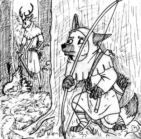 2016 3_toes 4_fingers ankle_wraps anthro antlers armor arrowed avian belt bird black_and_white black_hooves bow_(weapon) bracers canid canine cervid cross-hatching crouching death duo feet feral fingers foot_wraps forest fox galliform hatching_(art) hiding holding_bow holding_bow_(weapon) holding_object holding_sword holding_weapon hood hood_down hood_up hooded hooves horn hunting listening longbow male mammal medieval medieval_clothing melee_weapon monochrome one_ear_up plant poaching quiver ranged_weapon shaded spiff sword toes traditional_media_(artwork) tree weapon worried wraps