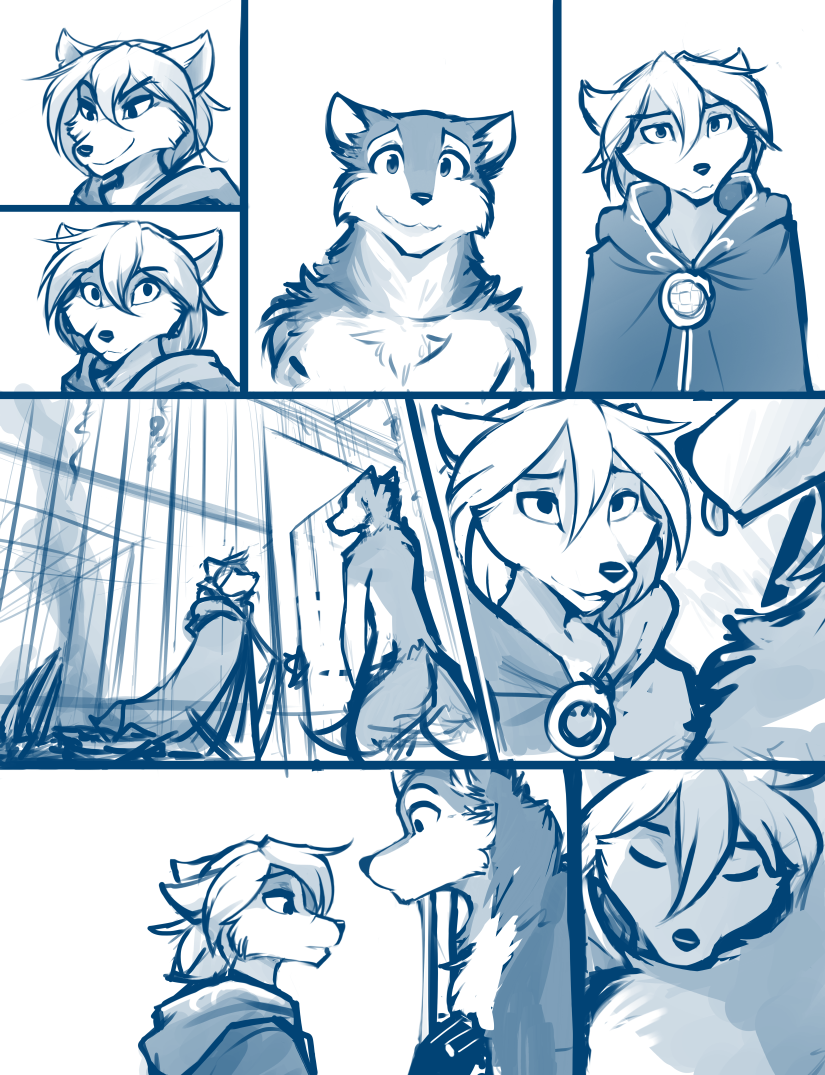 2021 anthro blue_and_white bone brutus_(twokinds) canid canine canis chain cloak clothing clovis_(twokinds) comic conditional_dnp death dungeon fire fox group inside male mammal monochrome open_mouth prison robe sketch smile standing teeth tom_fischbach twokinds webcomic webcomic_character wolf