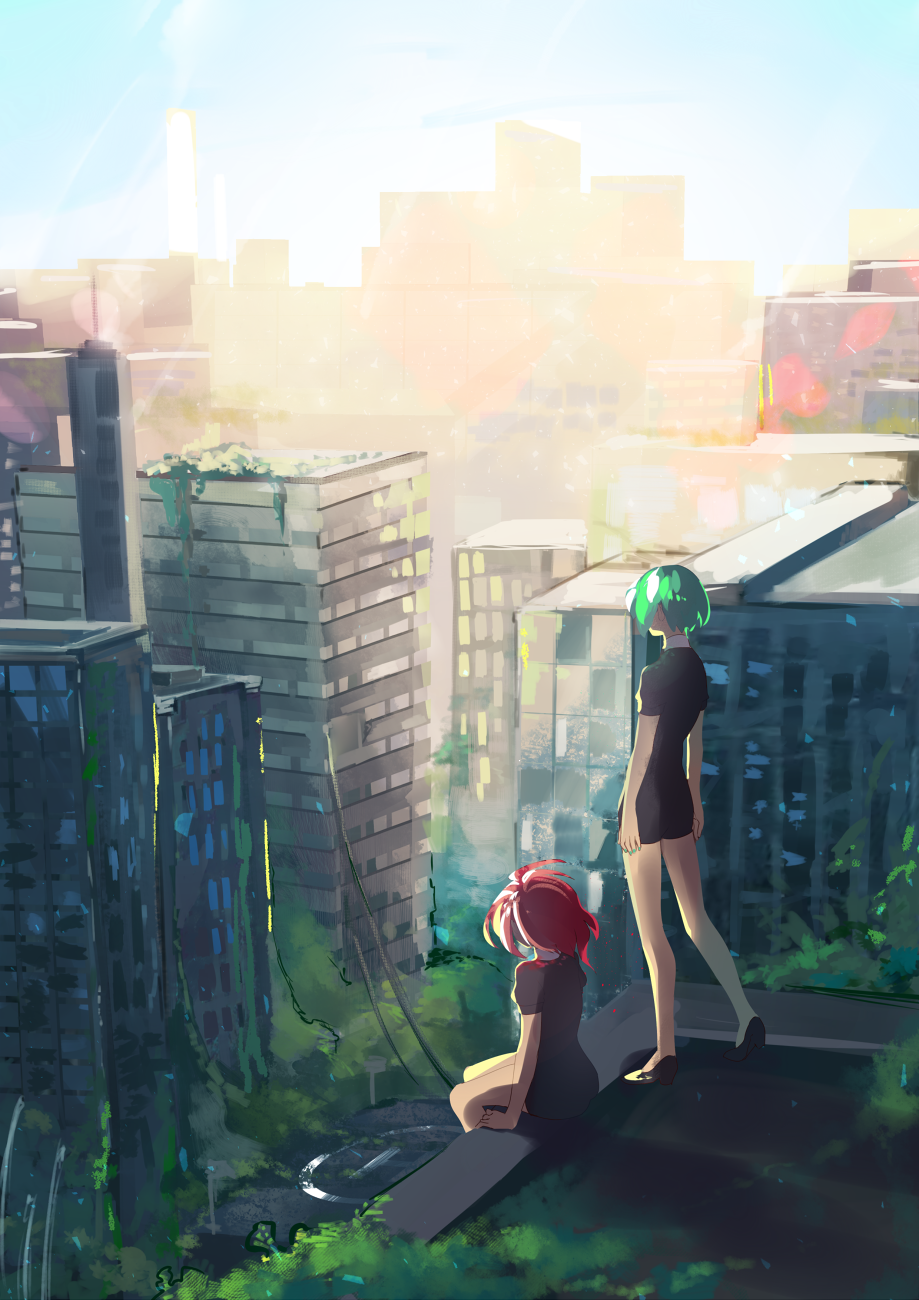 2others azuumori black_footwear black_shirt black_shorts building commentary english_commentary from_behind green_hair highres houseki_no_kuni medium_hair multiple_others phosphophyllite post-apocalypse red_hair ruins scenery shinsha_(houseki_no_kuni) shirt shoes short_hair shorts sitting skyscraper standing