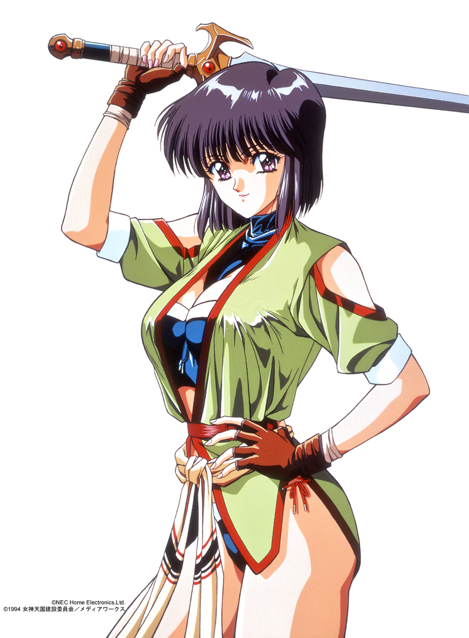 1990s_(style) 1994 1girl arm_up bangs black_hair brown_gloves clothing_cutout company_name copyright cowboy_shot fingerless_gloves gloves hand_on_hip highres holding holding_sword holding_weapon looking_at_viewer megami_paradise nail_polish official_art over_shoulder pink_nails rouge_(megami_paradise) short_sleeves shoulder_cutout simple_background smile solo sword sword_over_shoulder weapon weapon_over_shoulder white_background yoshizane_akihiro