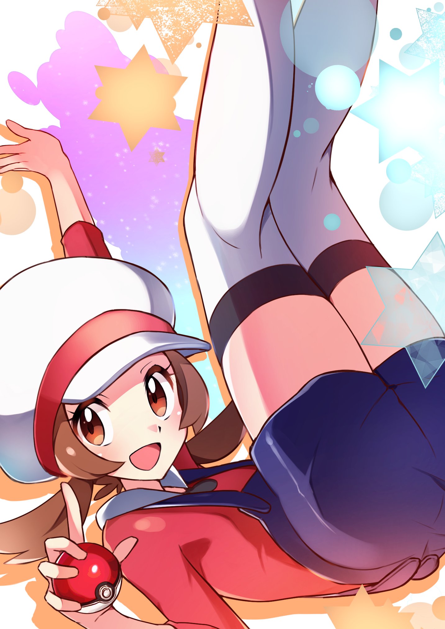 1girl :d arm_up blush brown_eyes brown_hair commentary eyelashes hat hat_ribbon highres holding holding_poke_ball kneepits legs_up lyra_(pokemon) miyama-san open_mouth overalls poke_ball poke_ball_(basic) pokemon pokemon_(game) pokemon_hgss red_ribbon red_shirt ribbon shirt sleeves_past_elbows smile solo thighhighs tongue twintails white_headwear white_legwear