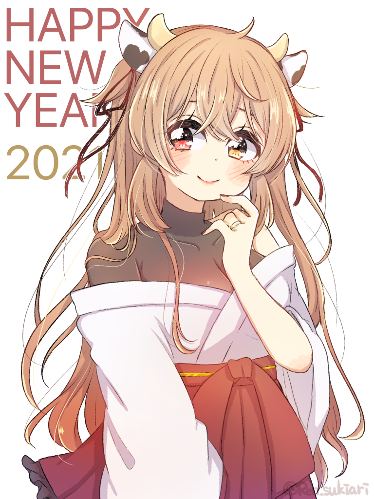 1girl 2021 animal_ears brown_eyes commentary_request cow_ears cow_horns cowboy_shot fake_animal_ears fake_horns gradient_hair hakama happy_new_year horns japanese_clothes jewelry kantai_collection light_brown_hair lips long_hair looking_at_viewer miko multicolored_hair murasame_(kantai_collection) new_year nontraditional_miko red_hakama remodel_(kantai_collection) ren_kun ring simple_background smile solo turtleneck two_side_up undershirt upper_body wedding_band white_background