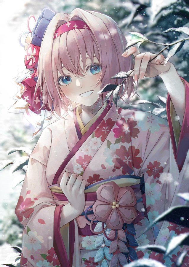 1girl blue_eyes blurry blurry_background blush branch floral_print hair_ornament headband holding holding_branch japanese_clothes kimono leaf looking_at_viewer mamemena nail_polish obi outdoors pink_hair princess_connect! princess_connect!_re:dive sash short_hair smile solo standing tree yui_(princess_connect!)