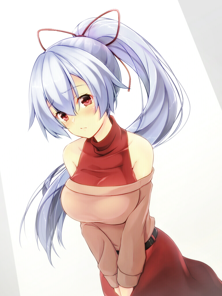 1girl bare_shoulders belt black_belt blush breasts brown_sweater casual collarbone commentary_request dutch_angle eyebrows_visible_through_hair fate/grand_order fate_(series) hair_between_eyes hair_ribbon large_breasts long_hair looking_at_viewer off-shoulder_sweater off_shoulder ponytail red_eyes red_ribbon red_shirt red_skirt ribbon shirt silver_hair skirt sleeveless sleeveless_shirt solo sweater tohoho_(hoshinoyami) tomoe_gozen_(fate/grand_order) turtleneck very_long_hair