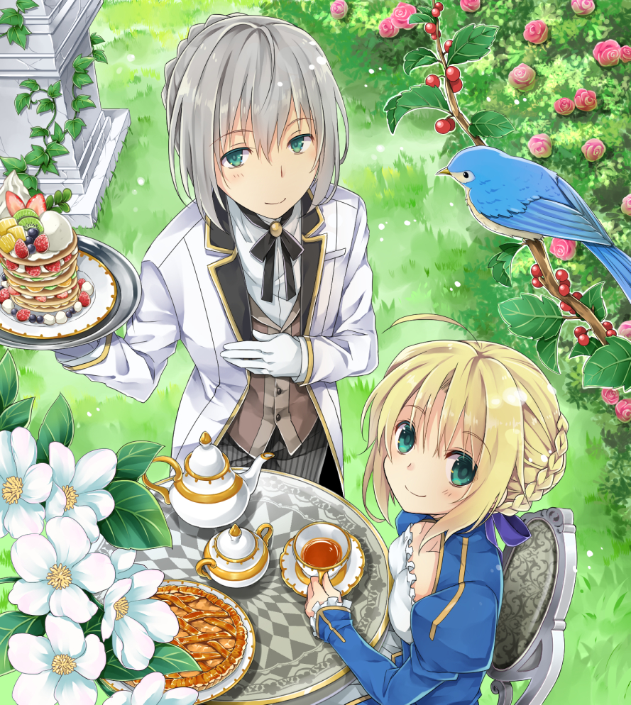 1boy 1girl ahoge alternate_costume aqua_eyes artoria_pendragon_(all) bedivere berries bird blonde_hair braid braided_bun branch breasts buttons cake chair clothing_cutout cup dress fate/grand_order fate/stay_night fate_(series) flower food formal frilled_sleeves frills fruit gloves grass hair_ribbon holding holding_cup holding_tray ivy jacket long_sleeves neck_ribbon outdoors pie ribbon rose saber silver_hair small_breasts smile sweets table tamaoka_kagari tea teacup teapot tray vest waiter white_flower