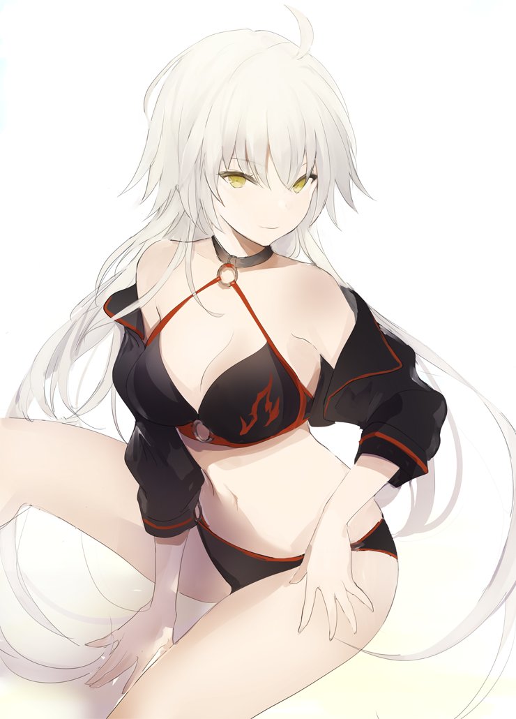 1girl ahoge bikini black_bikini black_choker black_jacket breasts choker cleavage fate/grand_order fate_(series) jacket jeanne_d'arc_(alter_swimsuit_berserker) jeanne_d'arc_(fate)_(all) large_breasts long_hair lpip navel o-ring o-ring_bikini o-ring_bottom o-ring_top shrug_(clothing) silver_hair swimsuit very_long_hair white_background white_hair yellow_eyes