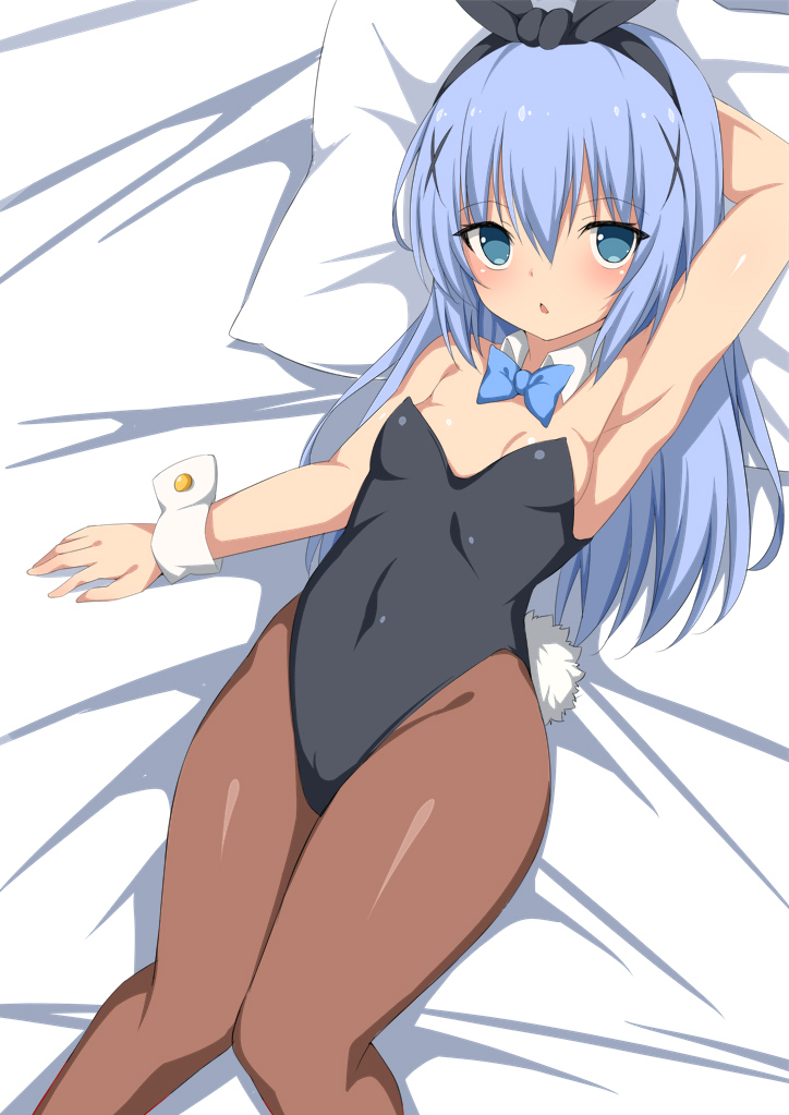 1girl animal_ears arm_behind_head armpits bed black_leotard blue_eyes blue_neckwear bow bowtie breasts brown_legwear bunny_ears chestnut_mouth commentary_request detached_collar fake_animal_ears feet_out_of_frame gochuumon_wa_usagi_desu_ka? hair_ornament kafuu_chino leotard light_blue_hair long_hair looking_at_viewer lying pantyhose pillow playboy_bunny revision small_breasts solo strapless strapless_leotard toshishikisai wrist_cuffs x_hair_ornament