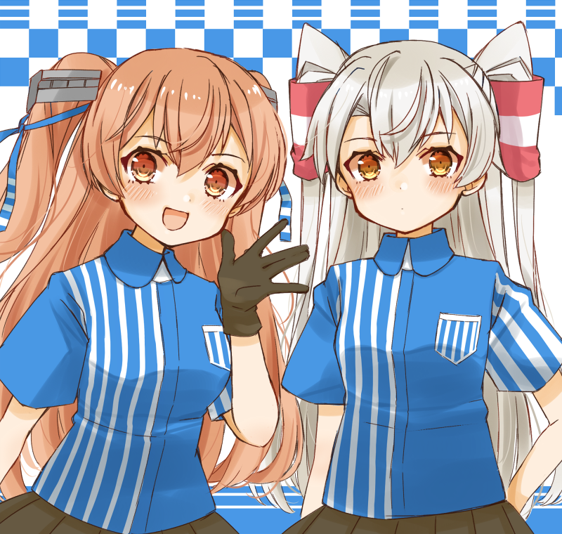 2girls amatsukaze_(kantai_collection) black_gloves blue_background breasts brown_eyes checkered checkered_background cocoperino cowboy_shot employee_uniform gloves hair_tubes johnston_(kantai_collection) kantai_collection lawson light_brown_hair long_hair medium_breasts multiple_girls shirt silver_hair single_glove store_clerk striped striped_shirt two_side_up uniform vertical-striped_shirt vertical_stripes yellow_eyes