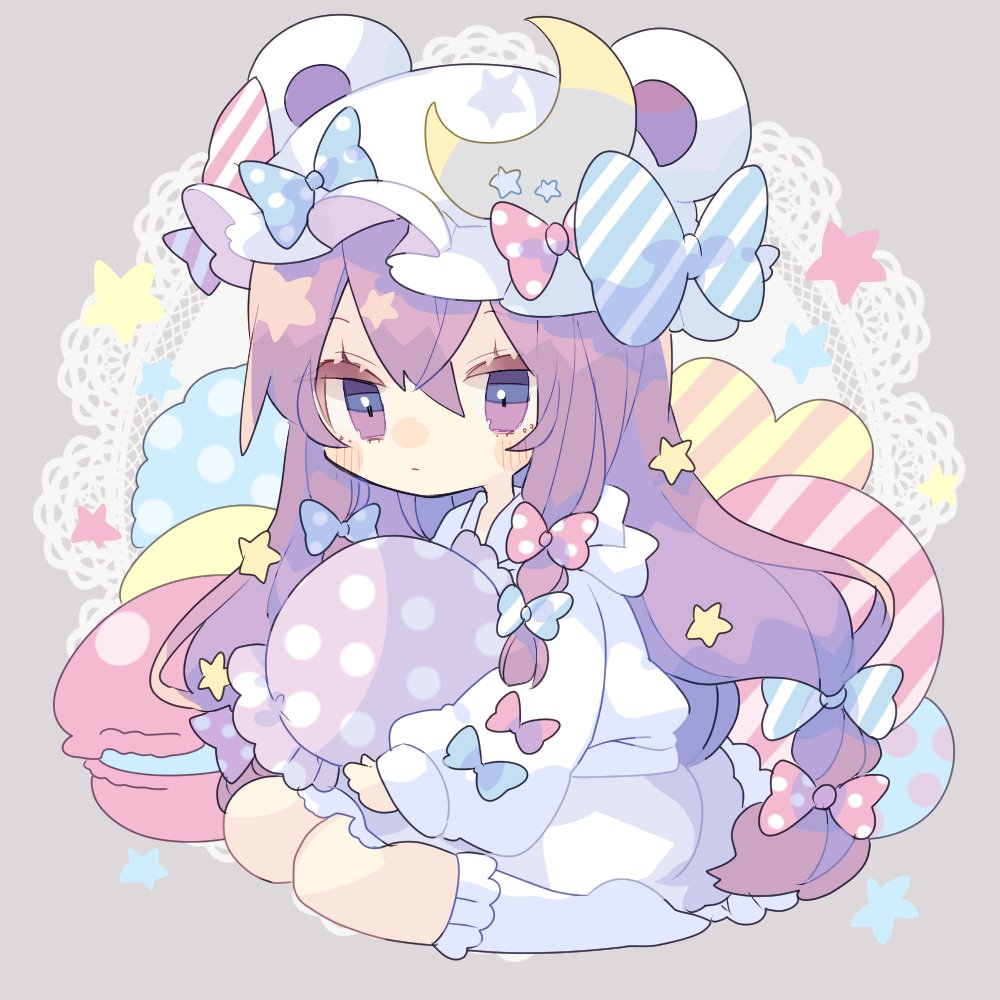 1girl adapted_costume animal_ears bangs blue_bow blush bobby_socks bow chibi commentary crescent crescent_moon_pin doily fake_animal_ears food full_body grey_background hair_bow hat hat_bow heart holding long_hair long_sleeves macaron mob_cap nikorashi-ka patchouli_knowledge polka_dot polka_dot_bow purple_eyes purple_hair red_bow shirt simple_background sitting skirt socks solo star_(symbol) striped striped_bow touhou very_long_hair