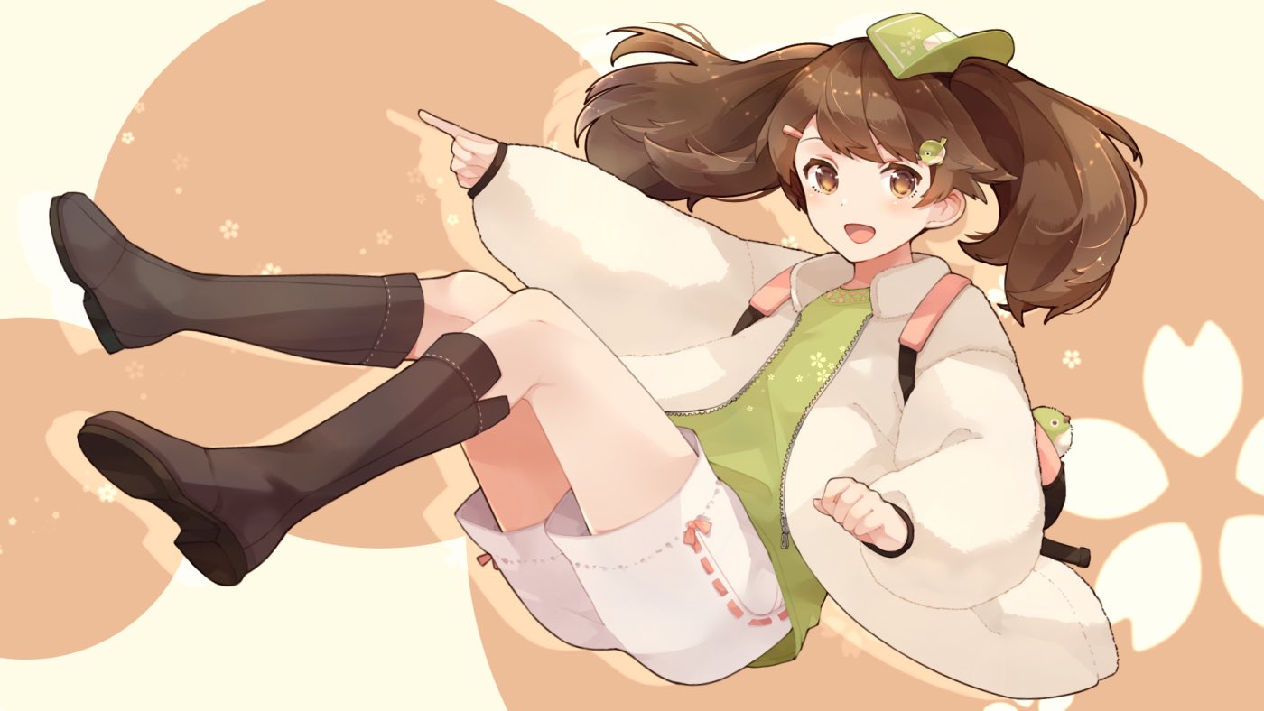 1girl alternate_costume backpack bag bird black_footwear boots brown_eyes brown_hair commentary_request commission full_body green_headwear green_shirt hair_ornament hairclip jacket kantai_collection long_sleeves looking_at_viewer open_mouth pointing ryuujou_(kantai_collection) shakemi_(sake_mgmgmg) shirt shorts skeb_commission smile solo twintails visor_cap white_jacket white_shorts