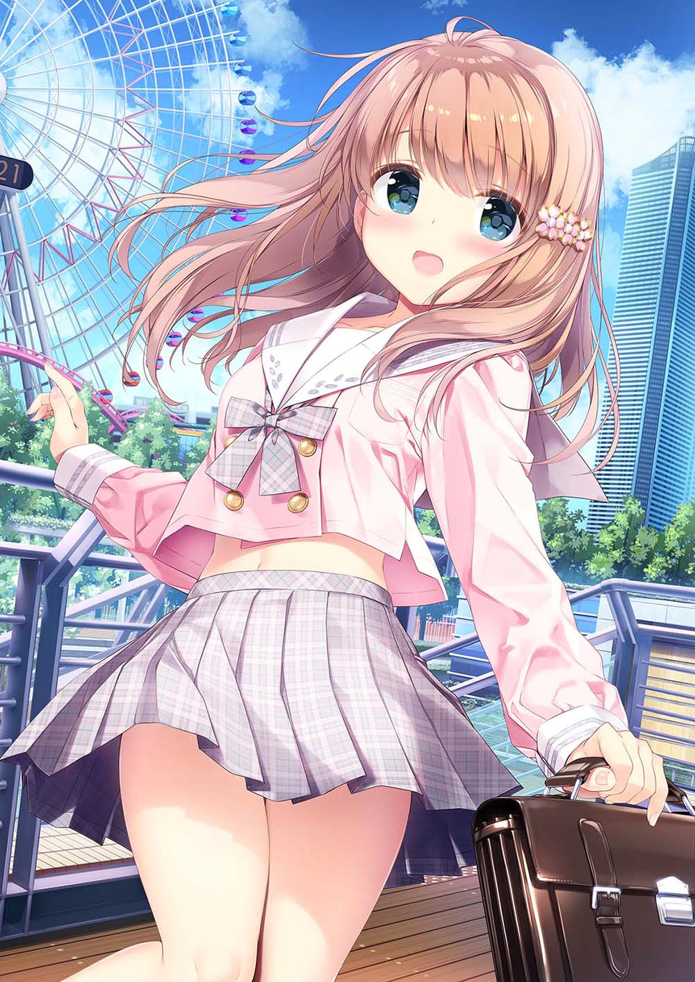 1girl :d bag blue_eyes blue_sky blush bow bowtie brown_hair building cloud ferris_wheel flower hair_flower hair_ornament highres holding holding_bag kimishima_ao long_hair long_sleeves looking_at_viewer open_mouth original outdoors pink_shirt plaid plaid_skirt pleated_skirt purple_sailor_collar purple_skirt sailor_collar shirt skirt sky skyscraper smile solo standing tree