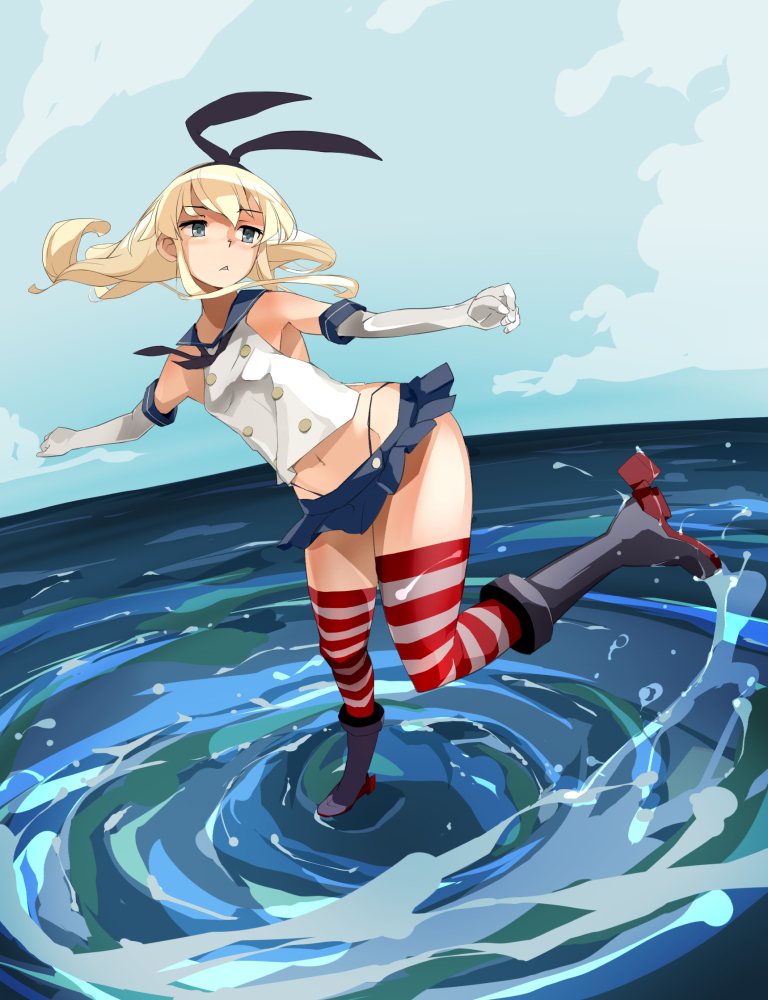 1girl black_hairband black_panties blonde_hair blue_sky cloud crop_top dutch_angle elbow_gloves gloves grey_eyes hairband highleg highleg_panties kantai_collection long_hair miniskirt navel ocean panties rudder_footwear school_uniform serafuku shimakaze_(kantai_collection) skirt sky striped striped_legwear thighhighs underwear whirlpool white_gloves yamaioni_(sasakama)