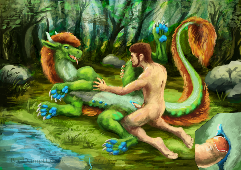 bestiality dampfloque dragon female feral forest human human_on_feral internal interspecies male male/female mammal penetration plant tree vaginal