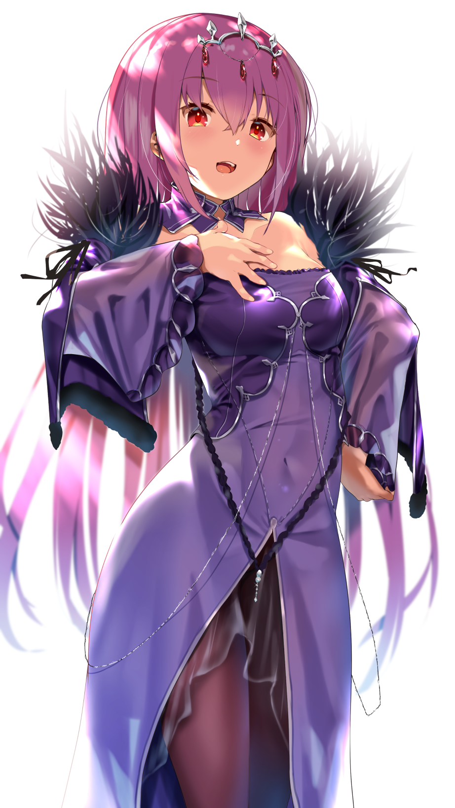 1girl breasts brown_legwear cleavage commentary_request covered_navel dress eyebrows_visible_through_hair fate/grand_order fate_(series) fur-trimmed_dress fur_trim hair_between_eyes hand_on_hip highres long_hair long_sleeves looking_at_viewer nonohachi open_mouth pantyhose pink_hair purple_dress red_eyes scathach_(fate)_(all) scathach_skadi_(fate/grand_order) simple_background solo tiara white_background