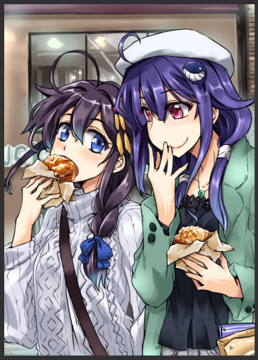 2girls ahoge alternate_costume black_blouse black_hair blouse blue_eyes braid commentary_request eating food green_jacket hair_flaps hair_ornament hair_over_shoulder hairclip jacket kantai_collection low_twintails multiple_girls purple_hair red_eyes remodel_(kantai_collection) ryuuhou_(kantai_collection) shigure_(kantai_collection) single_braid sweater taigei_(kantai_collection) takana_shinno twintails upper_body white_sweater