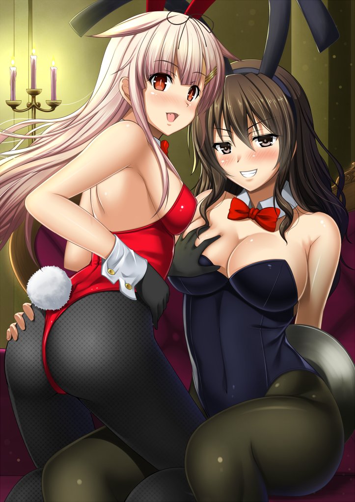 2girls animal_ears ashigara_(kantai_collection) ass black_gloves black_legwear black_leotard black_ribbon blonde_hair bow bowtie breasts brown_eyes brown_hair bunny_ears bunny_tail candelabra cleavage commentary_request cow_ears cow_horns cow_tail detached_collar fake_animal_ears fishnet_legwear fishnets gloves hair_flaps hair_ornament hair_ribbon hairclip horns kantai_collection large_breasts leotard long_hair medium_breasts multiple_girls pantyhose playboy_bunny red_eyes red_leotard red_neckwear remodel_(kantai_collection) ribbon shibata_rai tail tray wavy_mouth wrist_cuffs yuudachi_(kantai_collection)
