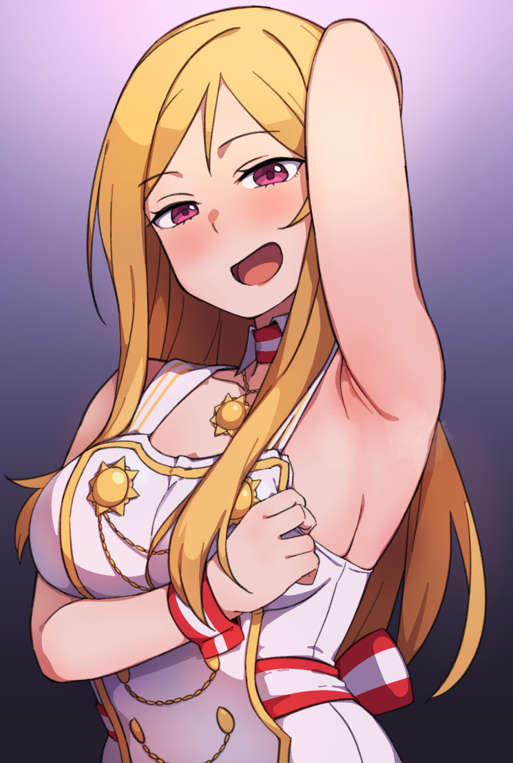 1girl :d armpits black_background blonde_hair breasts commentary_request detached_collar dress eyebrows_visible_through_hair gradient gradient_background idolmaster idolmaster_million_live! idolmaster_million_live!_theater_days jewelry korean_commentary kwaejina large_breasts long_hair looking_at_viewer mixed-language_commentary momose_rio necklace open_mouth purple_background purple_eyes sideboob simple_background sleeveless sleeveless_dress smile straight_hair upper_body very_long_hair white_dress wrist_cuffs