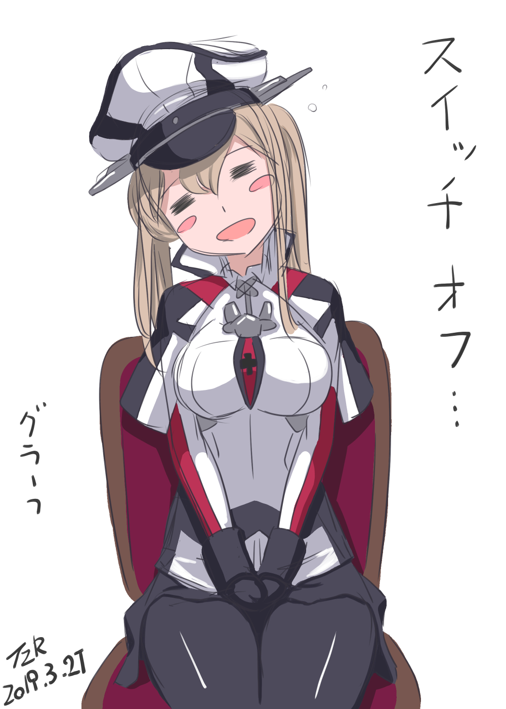 1girl black_gloves black_legwear blonde_hair blush_stickers breasts capelet chair closed_eyes commentary_request drooling gloves graf_zeppelin_(kantai_collection) hat head_tilt highres iron_cross jacket kantai_collection large_breasts long_hair military military_hat military_uniform pantyhose peaked_cap sidelocks simple_background sitting solo t2r translation_request twintails uniform v_arms white_background