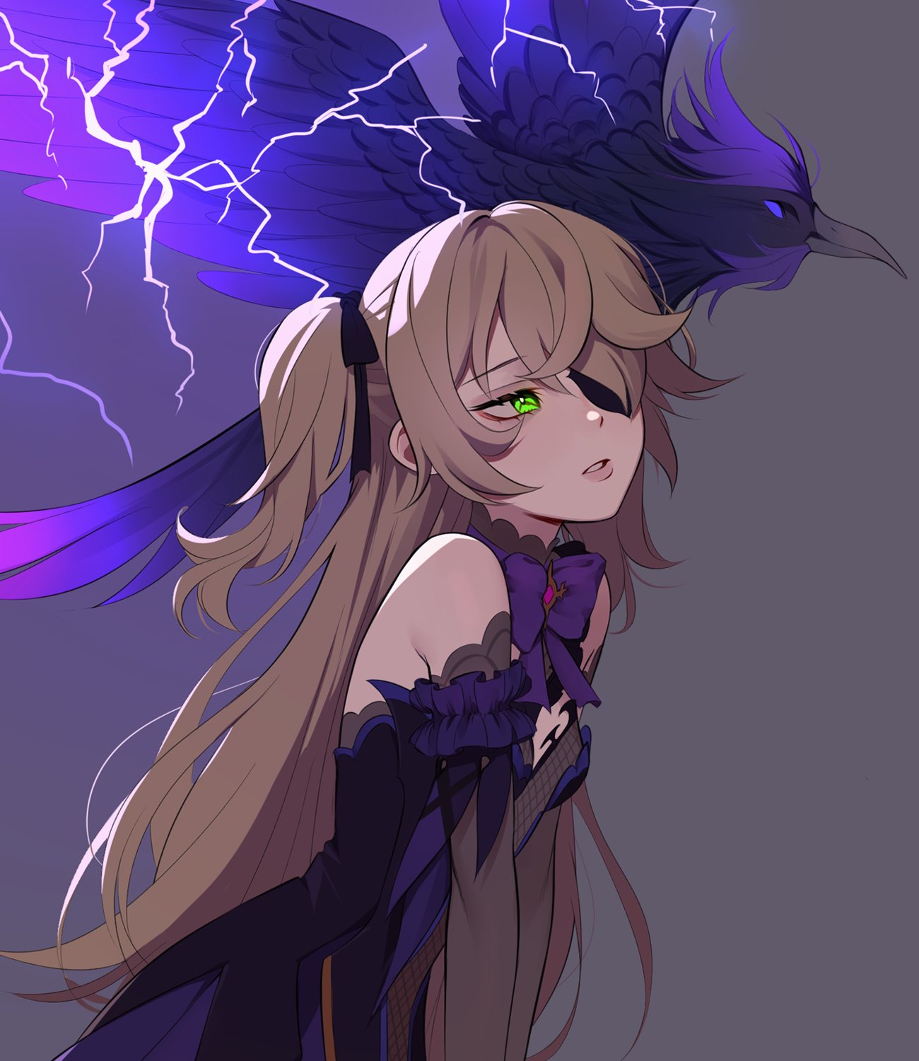 1girl bare_shoulders bird black_ribbon breasts brown_hair crow detached_sleeves dress electricity eyepatch fischl_(genshin_impact) from_side genshin_impact green_eyes grey_background hair_ribbon highres lavelis lightning long_hair one_eye_covered parted_lips purple_dress ribbon small_breasts solo two_side_up