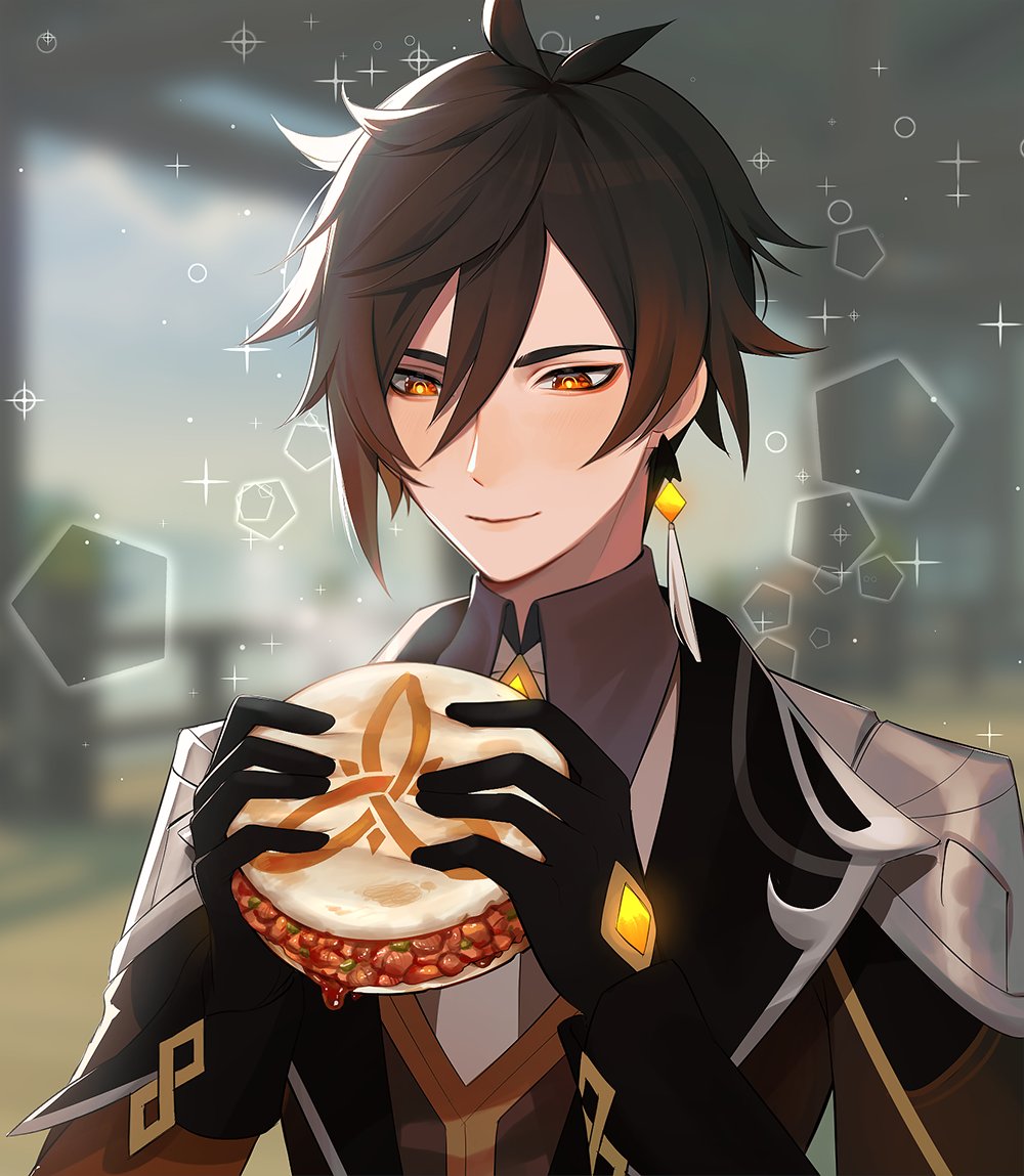 1boy armor black_gloves bright_pupils brown_hair closed_mouth coat commentary earrings english_commentary food genshin_impact gloves hair_between_eyes hamburger hands_up jewelry lavelis male_focus orange_eyes shoulder_armor smile solo sparkle spaulders upper_body zhongli_(genshin_impact)