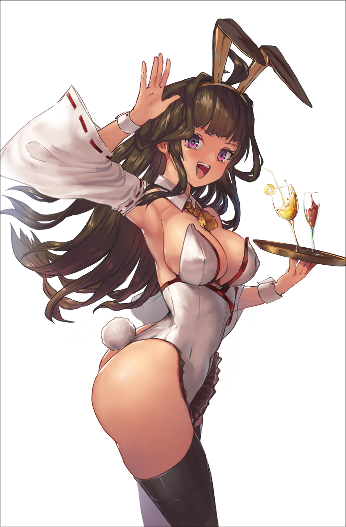 1girl adapted_costume ahoge animal_ears ass black_legwear blush breasts brown_hair bunny_ears bunny_tail cleavage cowboy_shot detached_collar double_bun fake_animal_ears fake_tail holding holding_tray kantai_collection kongou_(kantai_collection) large_breasts leotard long_hair loolook open_mouth playboy_bunny purple_eyes smile solo tail thighhighs tray white_leotard wrist_cuffs