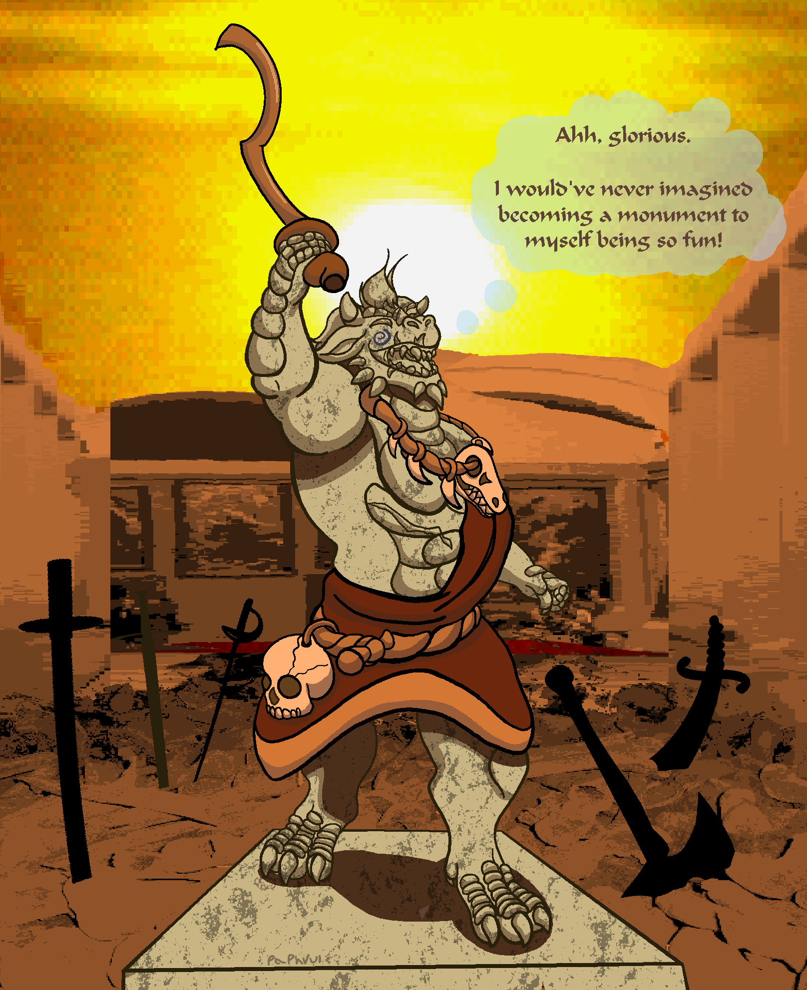 anthro asfr axe barbarian battle_axe bodypaint bone bone_necklace clothing digitigrade dithering dragon english_text face_paint frozen gallery hi_res human_skull immobile jewelry katana khopesh kravar male melee_weapon muscular muscular_anthro muscular_male museum necklace objectification paphvul petrification photo_background pose rapier rock rubble scar scimitar sculpture sickle_sword skull solo spiral statue stuck sunset sword text toga transformation warrior weapon