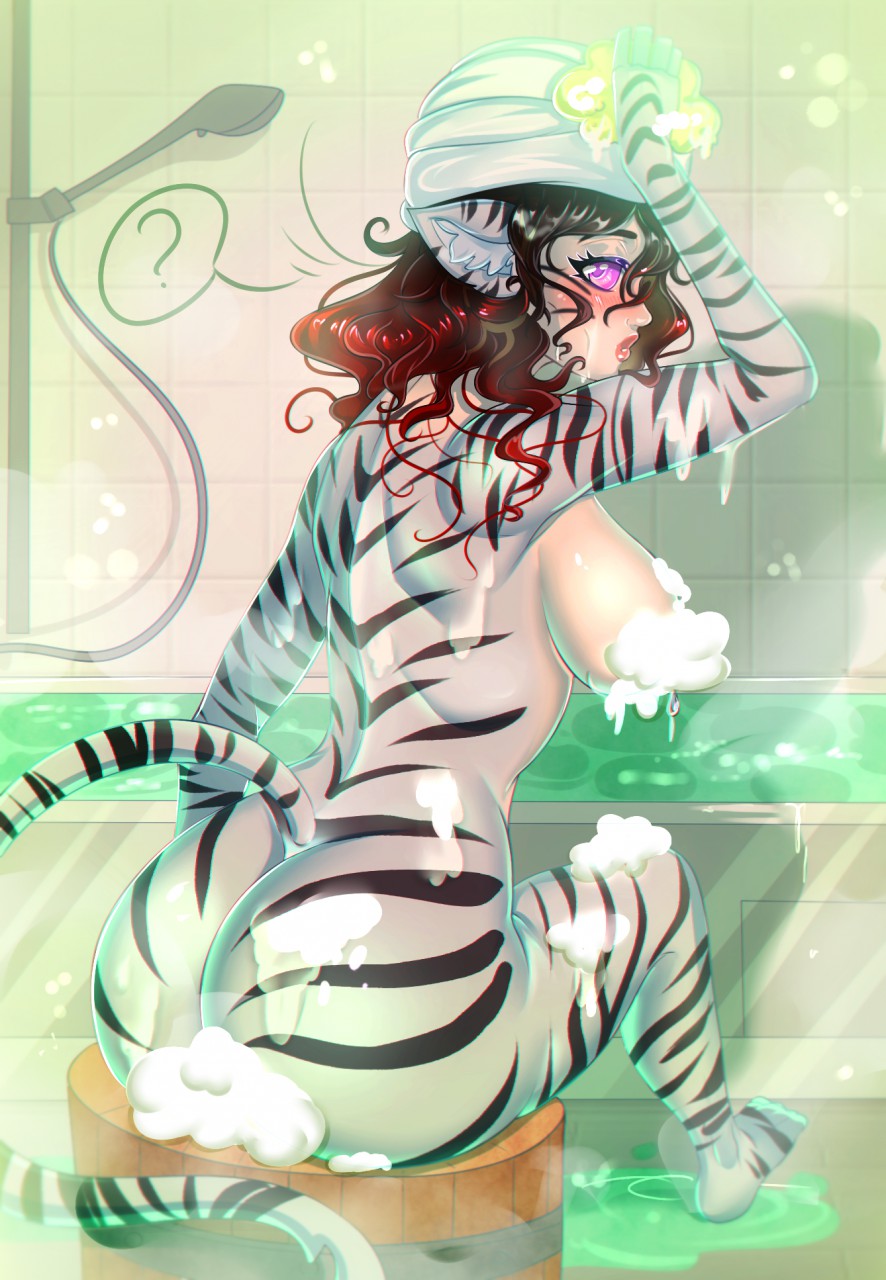 animal_humanoid bathing bathroom big_breasts breasts digital_media_(artwork) felid female foam fur hair hi_res humanoid leonifa looking_at_viewer looking_back mammal mammal_humanoid pantherine siting sitting solo stripes tiger water wet