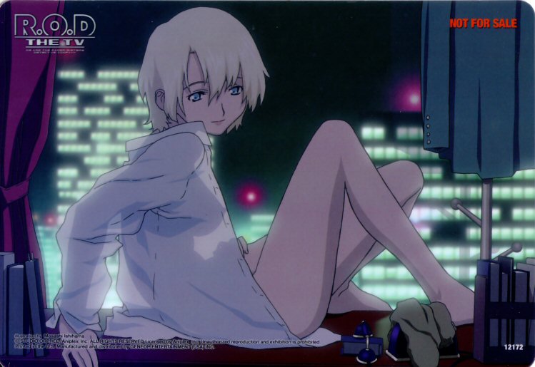 arm_support barefoot blazer blonde_hair blue_eyes bottomless breasts city covered_nipples curtains dress_shirt ishihama_masashi jacket large_breasts legs lipstick long_legs long_sleeves looking_back makeup night night_sky official_art open_clothes open_shirt phonecard r.o.d_the_tv read_or_die scan shirt short_hair silhouette sitting sky smile solo wendy_earhart window