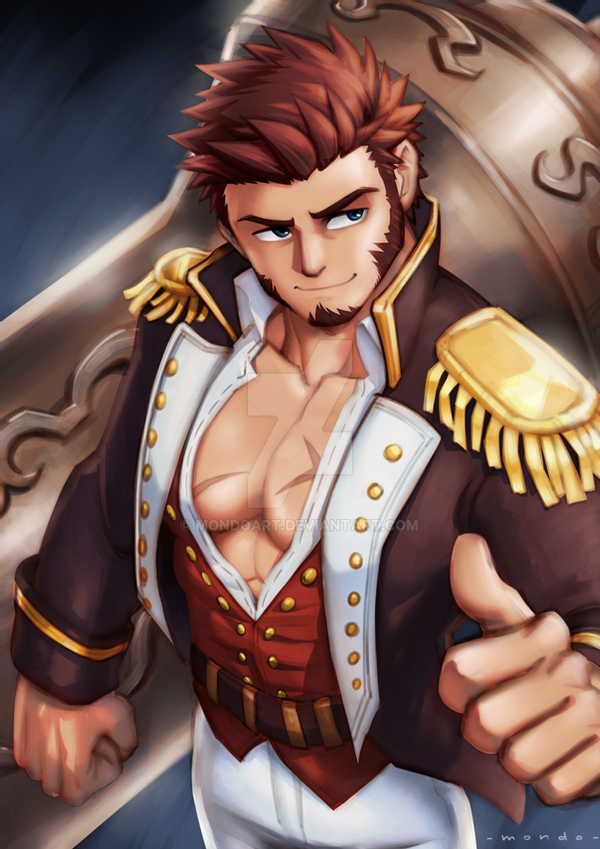 1boy abs bara beard blue_eyes brown_hair collared_jacket epaulettes facial_hair fate/grand_order fate_(series) huge_weapon long_sleeves looking_to_the_side male_focus military military_uniform mocucumo muscular napoleon_bonaparte_(fate/grand_order) pants pectorals scar short_hair sideburns simple_background smile solo thumbs_up uniform weapon