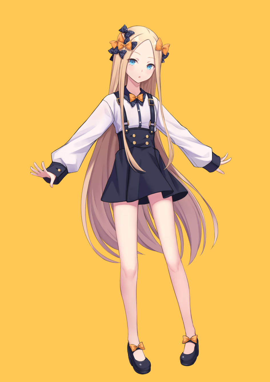 1girl abigail_williams_(fate/grand_order) bangs black_footwear black_skirt blonde_hair blue_eyes blush bow breasts buttons contemporary fate/grand_order fate_(series) forehead full_body hair_bow highres hoodier legs long_hair long_sleeves looking_at_viewer multiple_bows open_mouth parted_bangs shirt sidelocks simple_background skirt small_breasts suspender_skirt suspenders white_shirt yellow_background