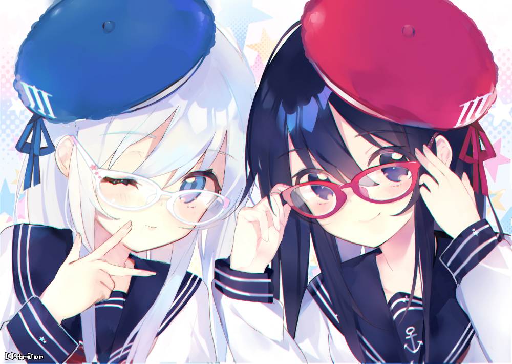 2girls adjusting_eyewear akatsuki_(kantai_collection) anchor_print atsumi_jun bangs bespectacled black_eyes black_hair blue_eyes blue_headwear closed_mouth eyebrows_visible_through_hair eyelashes fingernails glasses hair_between_eyes hat head_tilt head_to_head hibiki_(kantai_collection) kantai_collection light_smile long_hair long_sleeves multiple_girls one_eye_closed red-framed_eyewear red_headwear roman_numeral school_uniform serafuku smile star_(symbol) star_print starry_background upper_body w white-framed_eyewear