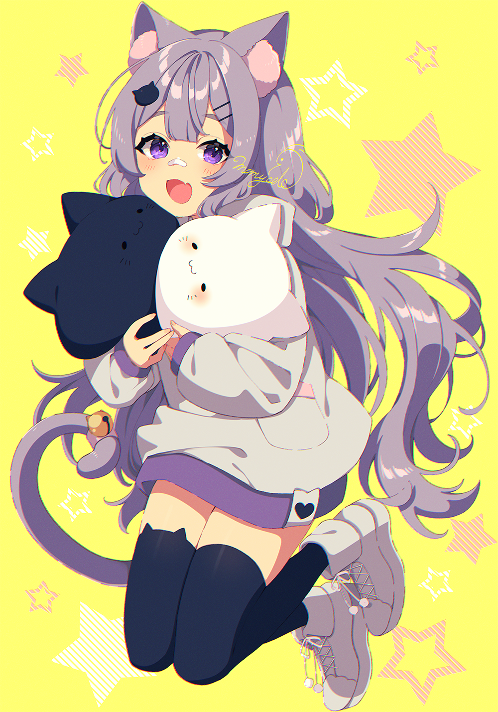 1girl :d animal_band_legwear animal_ear_fluff animal_ears bangs bell black_legwear blush boots cat_band_legwear cat_ears cat_girl cat_hair_ornament cat_tail commentary_request copyright_request eyebrows_behind_hair fang full_body grey_hair grey_hoodie hair_ornament hairclip highres hood hood_down hoodie jingle_bell looking_at_viewer mamyouda open_mouth purple_eyes signature smile solo starry_background stuffed_animal stuffed_cat stuffed_toy tail tail_bell tail_ornament thighhighs virtual_youtuber white_footwear yellow_background