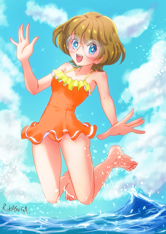 1girl :d arm_up artist_name bare_arms bare_legs bare_shoulders barefoot blue_eyes brown_hair cloud cloudy_sky commentary_request day eyebrows_visible_through_hair frilled_swimsuit frills glasses happy ichinose_minori jumping kasuga_rurito legs_up ocean one-piece_swimsuit open_mouth orange_swimsuit outdoors precure round_eyewear round_teeth shiny shiny_skin short_hair signature single_stripe sky smile solo spaghetti_strap splashing swimsuit swimwear teeth tropical-rouge!_precure upper_teeth water waves