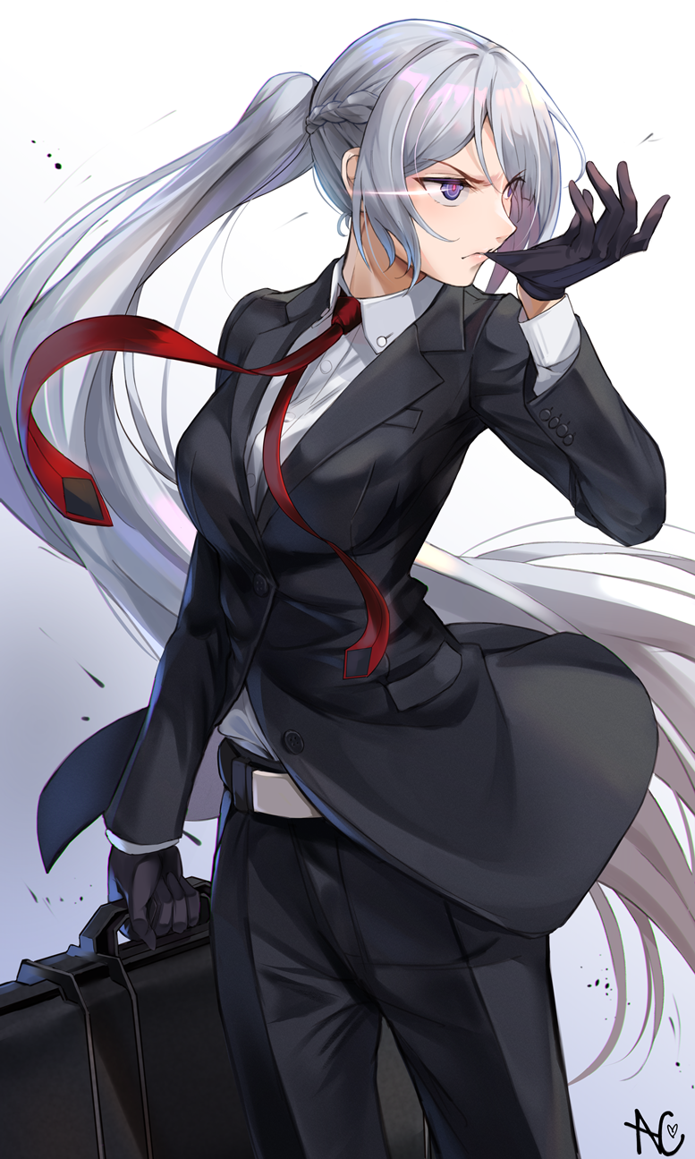 1girl agent_47 agent_47_(cosplay) ak-15_(girls_frontline) bangs belt biting black_gloves black_jacket black_pants braid collared_shirt cosplay dress_shirt english_commentary formal french_braid girls_frontline glove_biting gloves highres hitman_(game) holding holding_suitcase jacket long_hair niac pants pink_lips purple_eyes red_neckwear shirt sidelocks standing suit suitcase very_long_hair white_background white_belt white_shirt