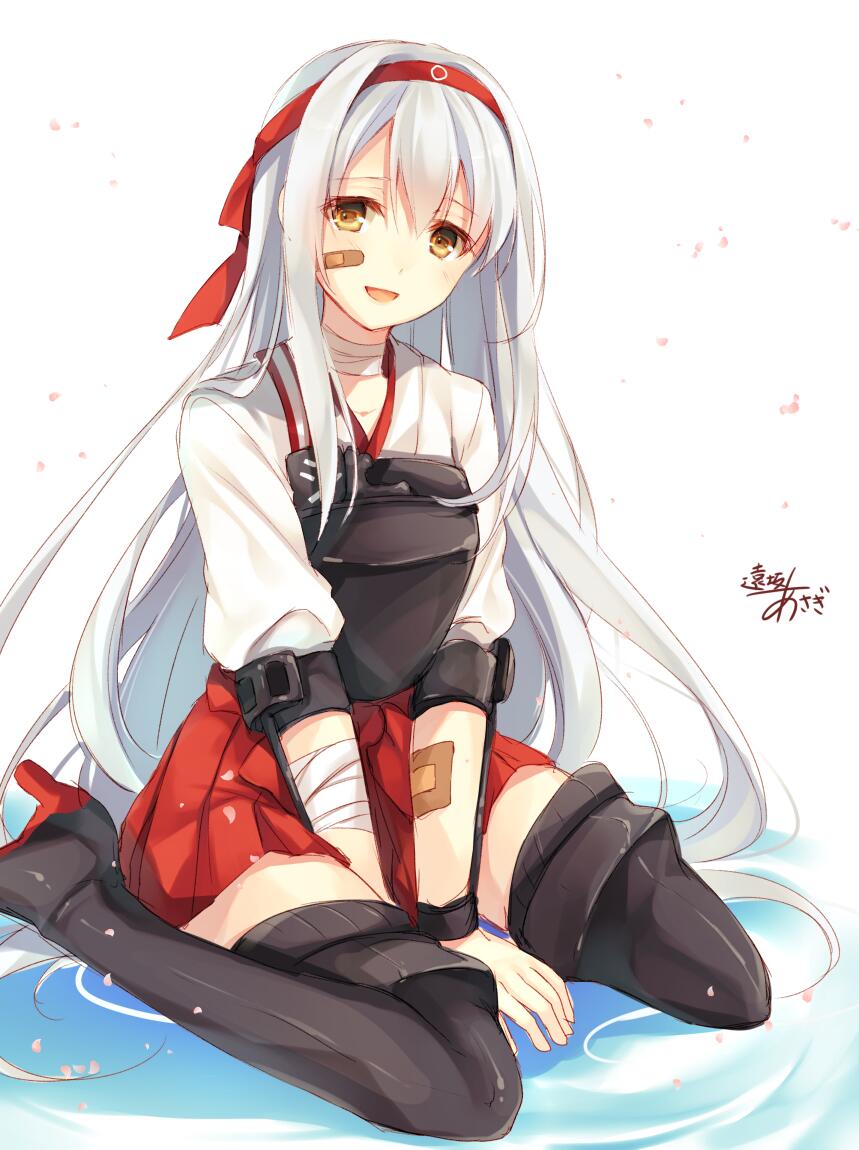 1girl :d artist_name bandages bandaid bandaid_on_cheek black_legwear boots brown_eyes cherry_blossoms hairband japanese_clothes kantai_collection long_hair looking_at_viewer muneate open_mouth pleated_skirt shoukaku_(kantai_collection) signature silver_hair skirt smile solo thigh_boots thighhighs toosaka_asagi very_long_hair zettai_ryouiki