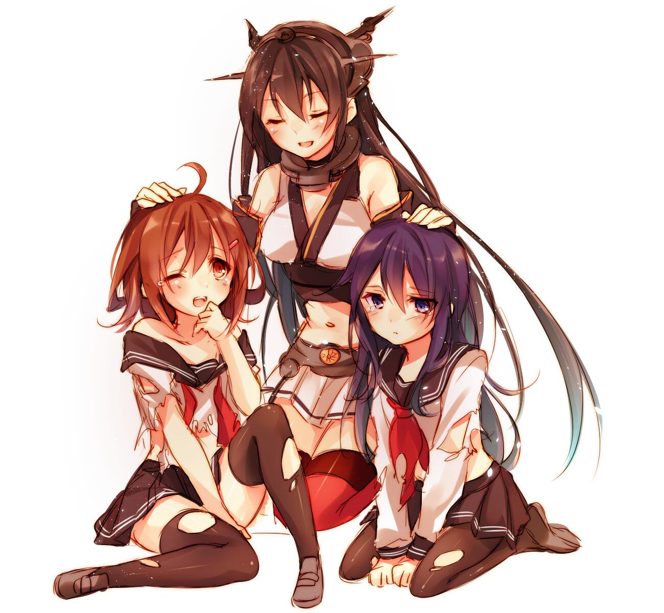 3girls :d ;d akatsuki_(kantai_collection) bare_shoulders black_hair blue_eyes blush breasts brown_eyes brown_hair closed_eyes elbow_gloves fingerless_gloves gloves hair_ornament hairband hand_on_another's_head headgear highres ikazuchi_(kantai_collection) kantai_collection long_hair long_sleeves medium_breasts midriff multiple_girls nagato_(kantai_collection) navel one_eye_closed open_mouth pantyhose school_uniform serafuku skirt small_breasts smile tears thighhighs toosaka_asagi torn_clothes wince