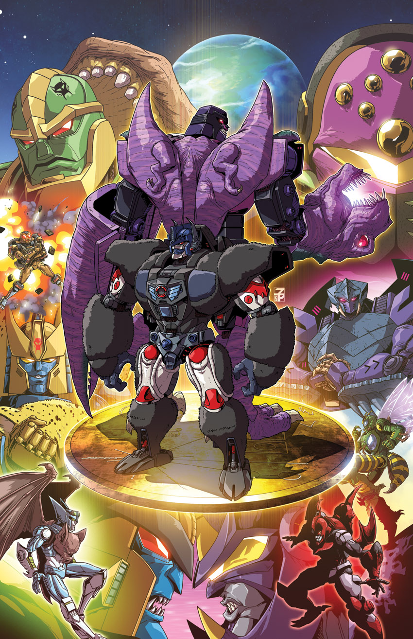 1girl 6+boys back-to-back bat_wings beast_wars character_request cheetor clenched_hand comic_cover cover cover_page dinobot dyemooch english_commentary flying glowing glowing_eyes hands_together head_to_head highres looking_down maximal mecha megatron megatron_(beast_wars) multiple_boys no_humans official_art open_hand optimus_primal predacon rattrap red_eyes rhinox scorponok sharp_teeth standing tarantulas teeth terrorsaur textless transformers visor waspinator wings yellow_eyes