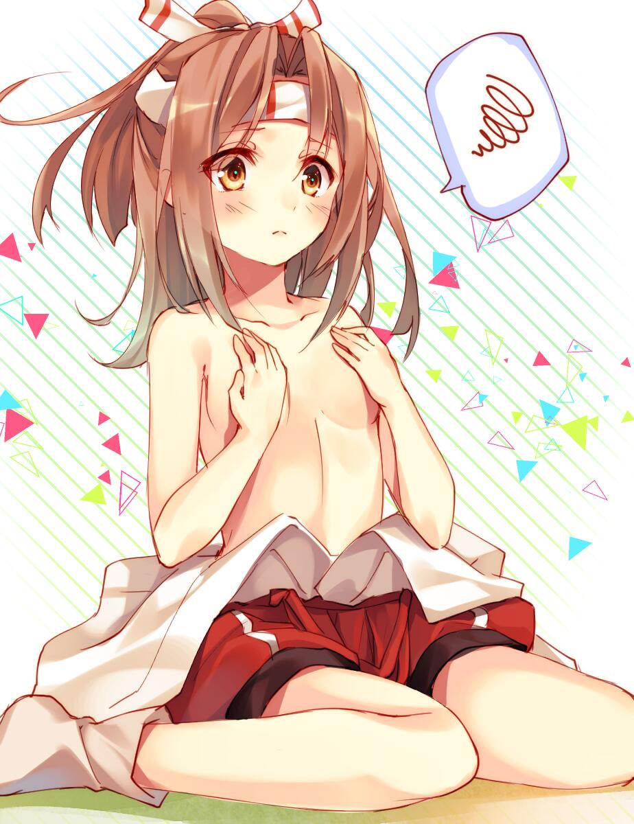 1girl blush brown_eyes brown_hair collarbone hachimaki hands_on_own_chest headband highres japanese_clothes kantai_collection long_hair looking_at_viewer partially_undressed ponytail sitting solo toosaka_asagi wariza white_background zuihou_(kantai_collection)
