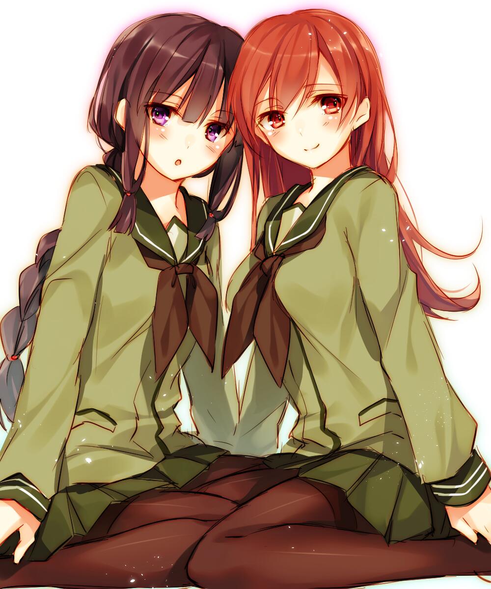 2girls :o bangs between_legs black_hair black_legwear blunt_bangs blush braid brown_eyes brown_hair highres kantai_collection kitakami_(kantai_collection) long_hair looking_at_viewer multiple_girls ooi_(kantai_collection) open_mouth pantyhose pleated_skirt purple_eyes school_uniform serafuku sitting skirt smile toosaka_asagi