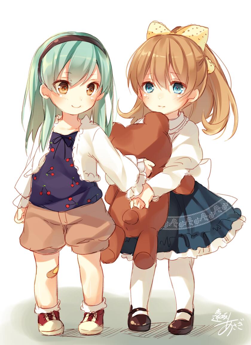 2girls aqua_eyes aqua_hair artist_name bandaid bandaid_on_knee bow brown_eyes brown_hair cherry_print food_print hair_bow hairband holding_hands kantai_collection kumano_(kantai_collection) long_hair mary_janes multiple_girls pantyhose print_shirt shirt shoes signature smile suzuya_(kantai_collection) toosaka_asagi white_legwear younger