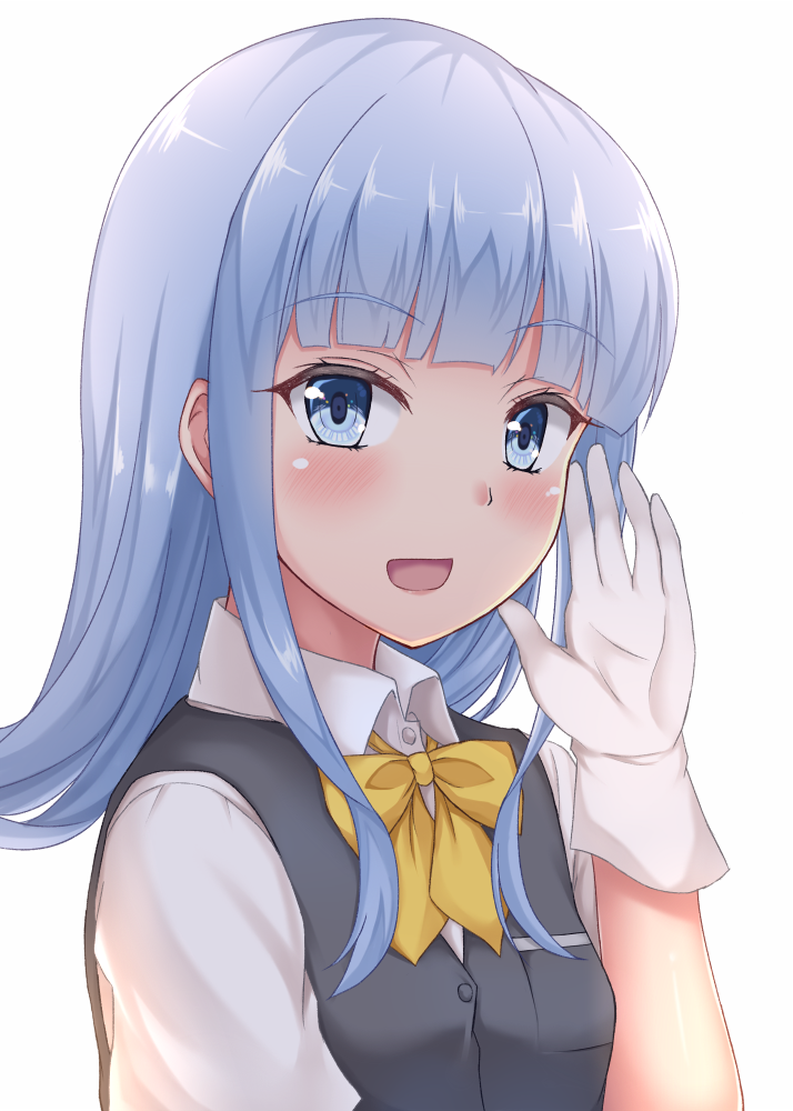 1girl bangs blue_eyes blue_hair blunt_bangs blush bow bowtie breasts dress eyebrows_visible_through_hair gloves hand_on_own_cheek hand_on_own_face hand_up hatsukaze_(kantai_collection) kantai_collection long_hair looking_at_viewer open_mouth piyobomu sidelocks simple_background solo vest white_background white_gloves yellow_bow yellow_neckwear