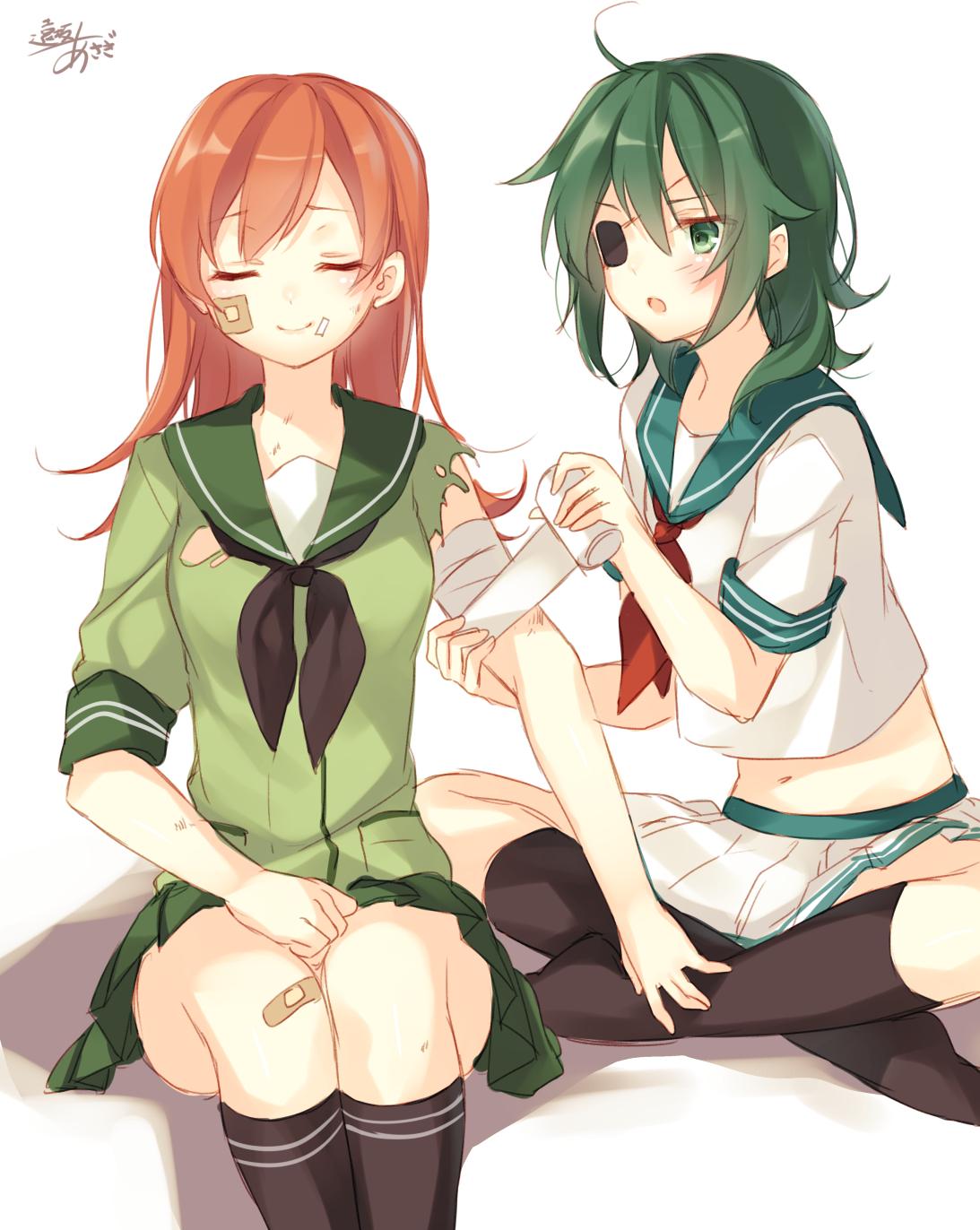 2girls :o ahoge bandaged_arm bandages bandaid bandaid_on_knee black_legwear brown_hair closed_eyes eyepatch green_eyes green_hair highres kantai_collection kiso_(kantai_collection) kneehighs long_hair multiple_girls navel ooi_(kantai_collection) open_mouth pleated_skirt school_uniform serafuku short_hair signature sitting sketch skirt smile toosaka_asagi v-shaped_eyebrows