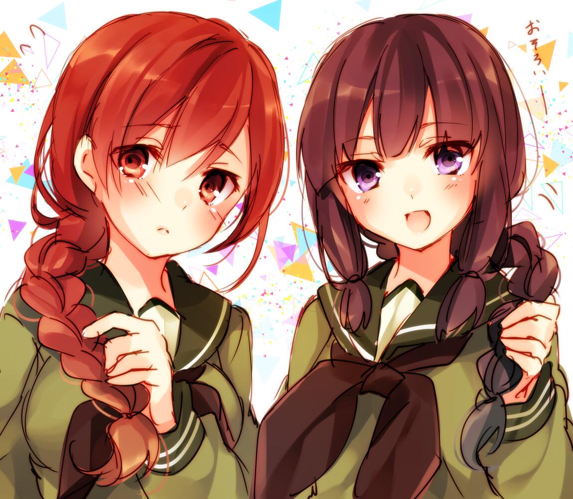 2girls :d alternate_hairstyle black_hair braid brown_eyes brown_hair kantai_collection kitakami_(kantai_collection) long_hair matching_hairstyle multiple_girls ooi_(kantai_collection) open_mouth purple_eyes school_uniform serafuku side_braid smile toosaka_asagi