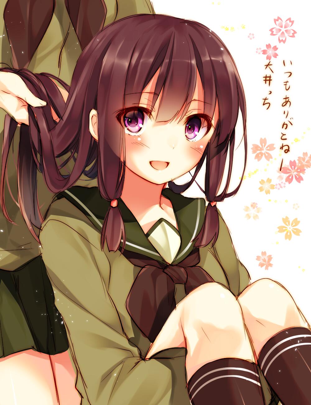 2girls :d bangs black_hair blunt_bangs blush braid brown_hair hairdressing highres kantai_collection kitakami_(kantai_collection) kneeling long_hair multiple_girls ooi_(kantai_collection) open_mouth purple_eyes school_uniform serafuku sitting skirt smile toosaka_asagi translated