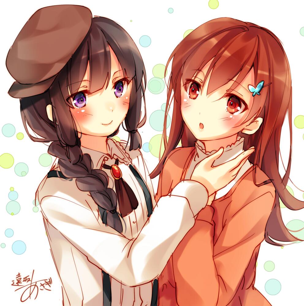 2girls :o artist_name black_hair blush braid brown_eyes brown_hair butterfly_hair_ornament casual hair_ornament hairclip hat kantai_collection kitakami_(kantai_collection) long_hair multiple_girls ooi_(kantai_collection) purple_eyes signature suspenders toosaka_asagi