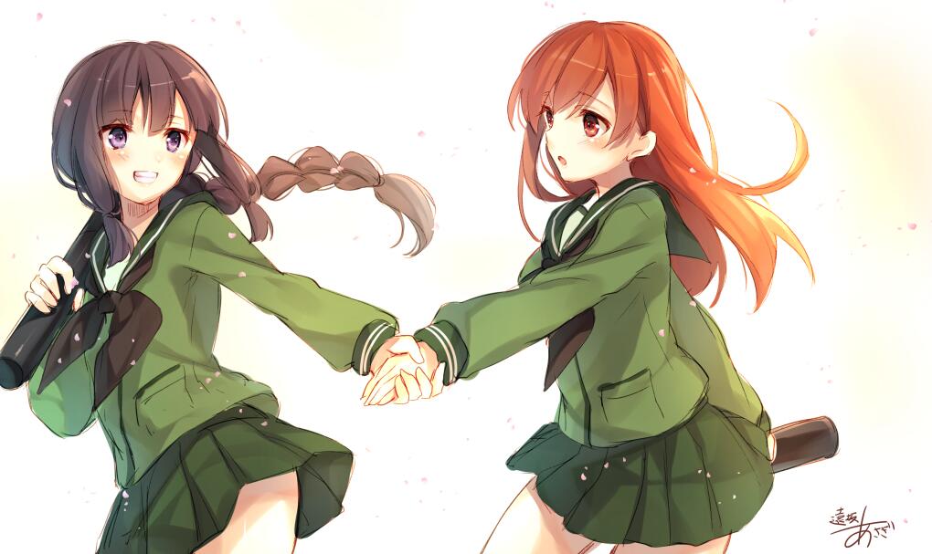 2girls :o artist_name black_hair blush braid brown_eyes brown_hair diploma grin holding_hands kantai_collection kitakami_(kantai_collection) long_hair multiple_girls ooi_(kantai_collection) petals purple_eyes school_uniform serafuku signature smile toosaka_asagi